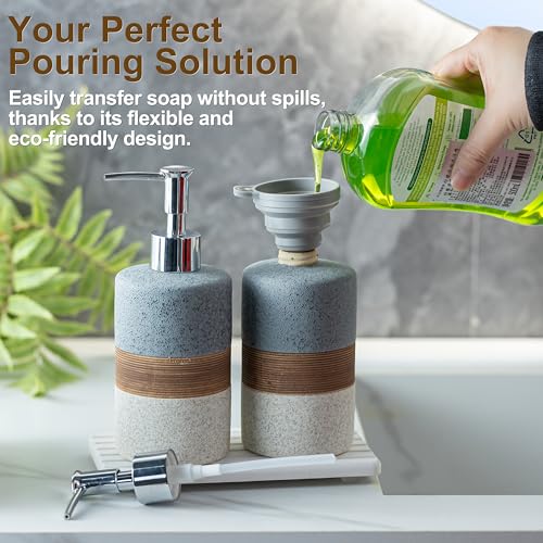 Image of Ceramic Soap Dispenser Set of 2, Hand and Dish Soap Dispenser Set | Shower Shampoo Soap Dispenser for Bathroom, Kitchen | Stainless Steel Pump, Silicone Funnel and Diatomaceous Tray, 12 oz Gray
