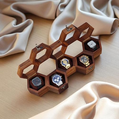 Image of Vintage Wooden Watch Box for Men, Timepiece Display Case, Honeycomb Watch Storage & Organizer, Jewlery Box for Women, Anniversary Gift For Husband (5 Compartments)