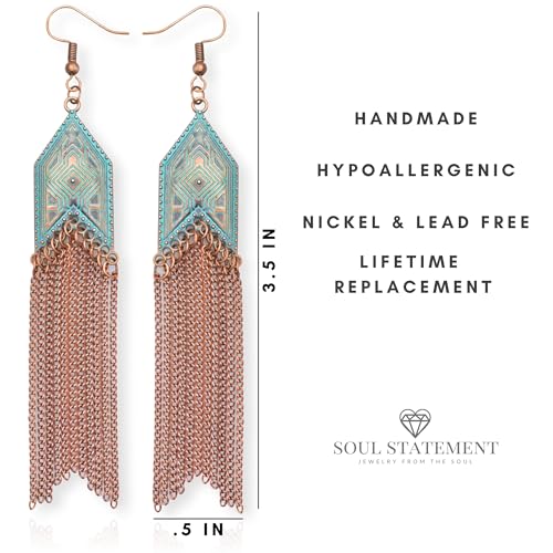 Vintage Country Western Jewelry for Women: Dangle Boho Turquoise & Bronze Patina Earrings with Long Copper Tassel Chains | Dangle Earring Set, Cowboy Chic Style Geometric Concert Festival Accessories3