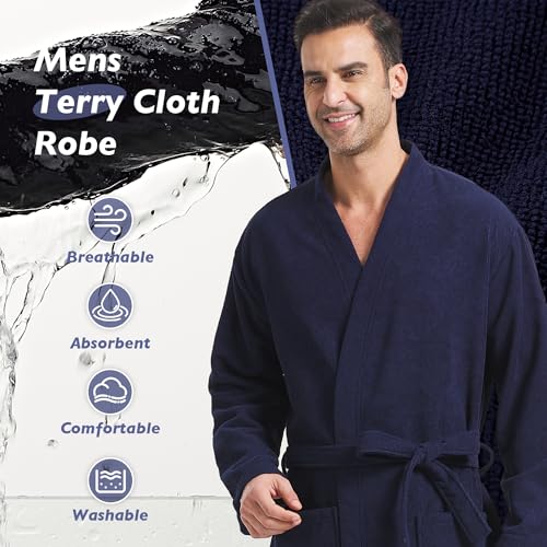 FashGudim Terry Cloth Robes for Men Big and Tall Short Mens Kimono Robe Super Absorbent Spa Bathrobe Calf Length With Pockets4