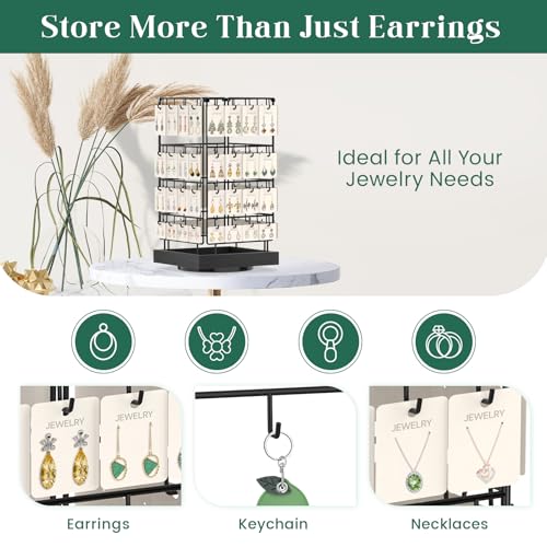 Image of EsLuker.ly Rotating Earring Display Holder Stand for Vendors Events Selling, Large Capacity 64 Hooks Jewelry Rack with Wooden Base for Earring Card Sales, Enhances Retail Visibility