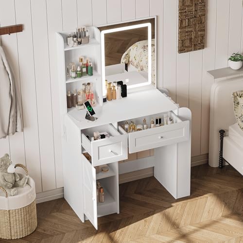 Image of Zvivofla Makeup Vanity Desk with Lighted Mirror & Power Outlet, White Vanity Table with 3 Color LED Lights, Shelves, Drawers, Cabinet, Modern Bedroom Dressing Table