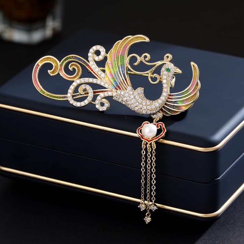 Image of Exquisite 14K Gold Phoenix Brooch for Women, Inlaid with Moissanite and Premium Gemstones, Ideal Luxury Gift for Holidays and Special Occasions
