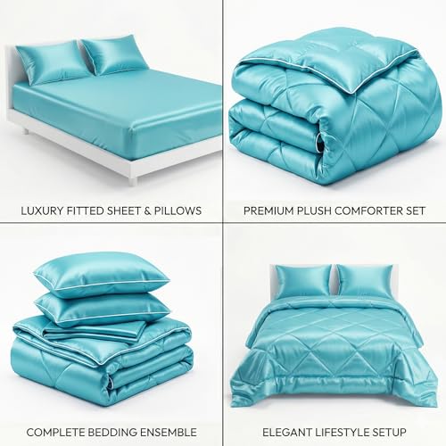 Image of SANMARINO 300 TC Satin Silk AC Comforter Set King Size Double Bed with 1 Fltted bedsheet & Two King Pillow Covers, 4 Pieces Bedding Set (90x100 inch & 72x78 inch, Light Blue)