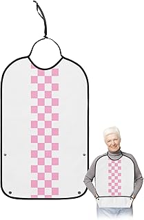 QueenKer Funny Adult Bibs for Eating, Minimalist Pink Buffalo Check Plaid Farmhouse Farm Theme Waterproof Clothing Protector Washable Adult Bib with Crumb Catcher for Men Women Elderl and Seniors