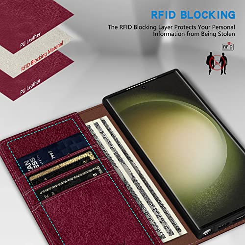 Image of ZZXX for Galaxy S23 Ultra Wallet Case Strong Magnetic 6.8 inch,Wine Red