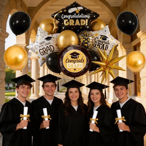 Image of Graduation Decorations Balloons for Class of 2026 Black Gold Confetti Latex Balloons 32pcs Helium Round Congrats Grad Explosion Star Foil Balloon Grad Hat Balloon College High School Grad Party Decor