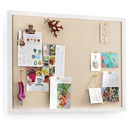 Emfogoo Tablero de Corcho 58 x 45M, Corcho con 20 puntadas, El Tablero de Mensajes Suspendido Tiene Marcos de Madera (Blanco)
