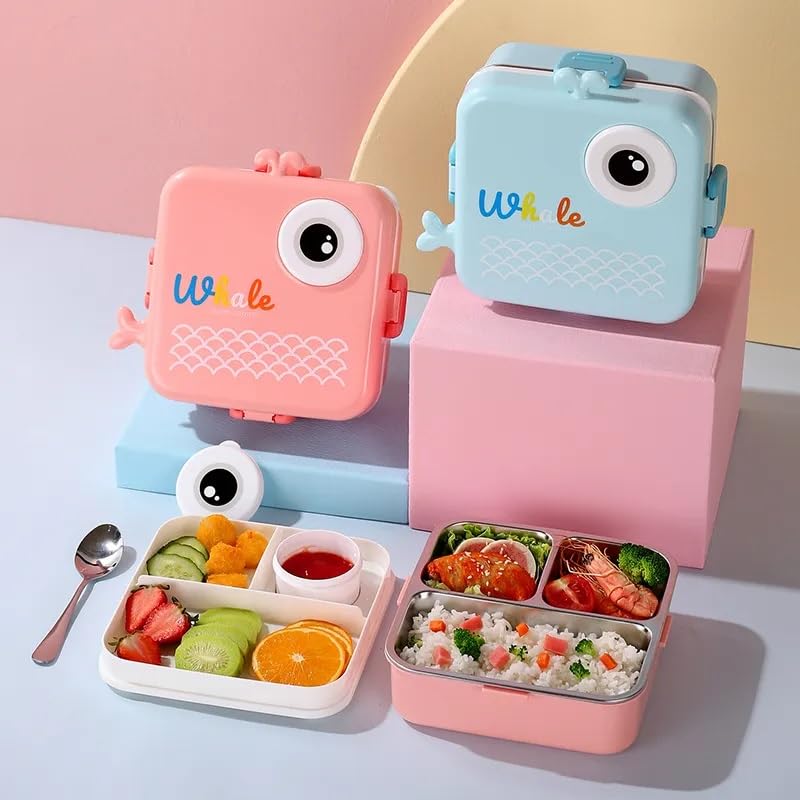 Image of YELONA 2-Layer Cartoon Shape Kids Lunch Box | Stainless Steel Inner, 3 Compartments | Airtight Leak-Proof BPA-Free Meal Box | 1120 ML + 70 ML Sauce Cup | School, Picnic Tiffin for Girls & Boys