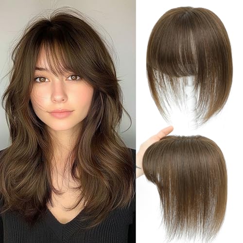 SIVOTATO Human Hair Toppers for Women with Fringe 10 Inch Real HairPieces-360°3D Bangs for Thinning Hair Topper Swiss Base Medium Brown（4#）