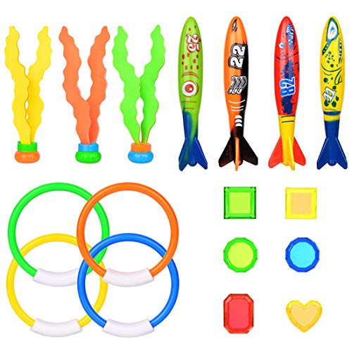 SIMUER 17Pcs Juguetes de Buceo, 4Pcs Anillos de Buceo 4Pcs Torpedos Bandidos 6Pcs Tesoro de Buceo 3Pcs Babosas de Alga Marina Juguetes de Natación para la Diversión de Verano y Juegos en la Piscina