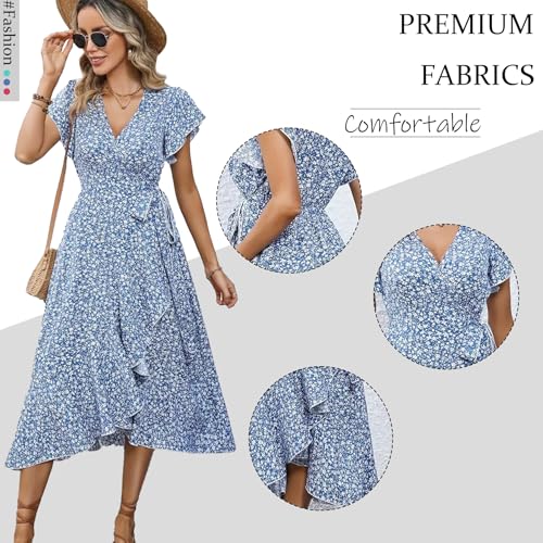 Image of Summer Dresses V Neck Short Sleeve Floral Midi Dress with Tie Waist Ruffled Boho Casual Dress for Beach Vacation