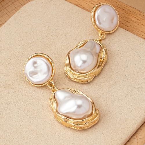 Dainty Chunky Gold Irregular Pearl Drop Earrings Trendy, Vintage Statement Baroque Pearls Earring Dangling for Women Thick Prom Party Y2k Jewelry Gift4