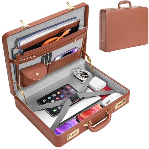 17.5x13.5x3.5 Inch Briefcases for Men - Vintage Hard Case Attache with Dual Combination Lock - PU Leather Locking Brief Case, Partitioned Storage for Laptop Document Phone Passport, Brown