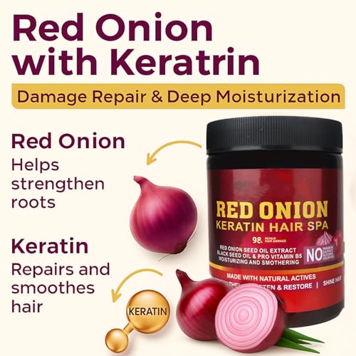 Image of Red Onion Keratin Hair Spa - With Red Onion Seed Oil, Black Seed Oil & Pro Vitamin B5 | Anti Hair Fall, Repair & Strengthen Damaged Hair | Natural Hair Spa Cream for Soft, Smooth & Shiny Hair - 1000ml
