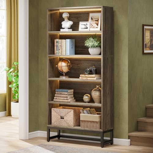 Image of Tribesigns Tall Bookcase Bookshelf, 70.8 inch Large Bookcases Organizer with LED Lights, Heavy Duty Free-Standing Library Bookshelf with 5-Tier Storage Shelves for Living Room, Bedroom (Gray)