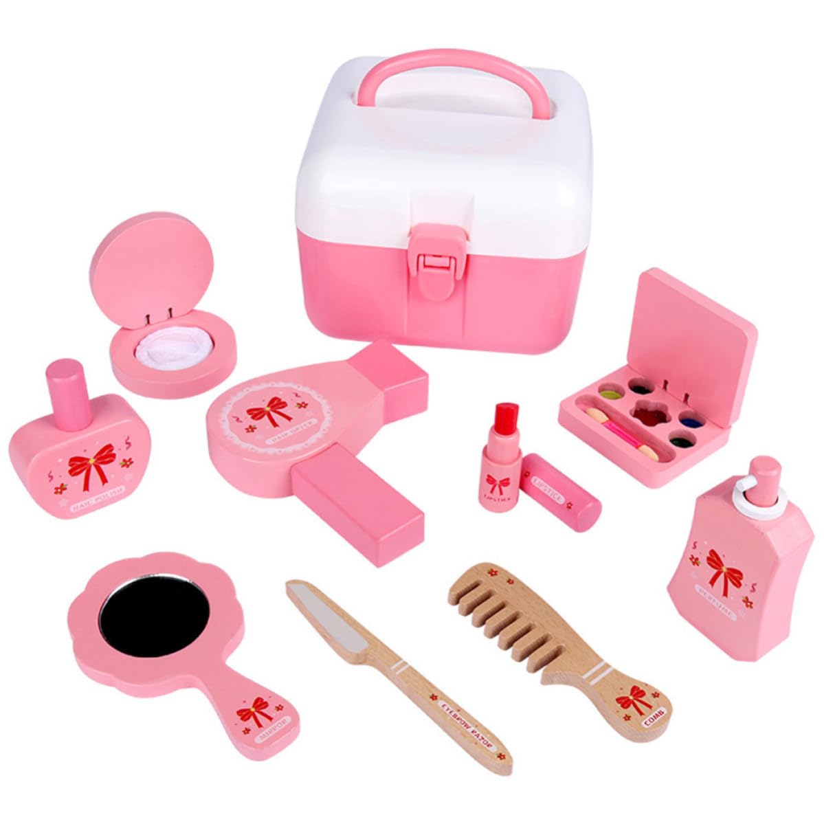 TEHAUX Giocattolo Trucco in Legno e Plastica, Kit Cosmetico Rosa per Sviluppare Coordinazione Occhio-mano e Sensibilità ai Colori, per Gioco Domestico e Compleanni