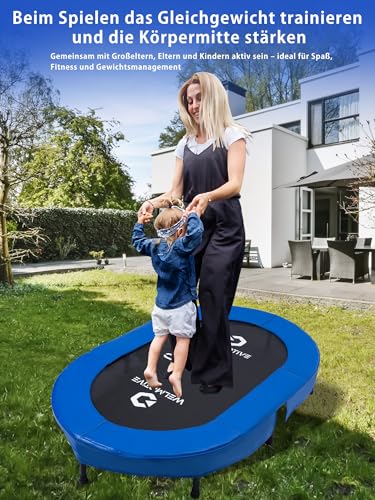 Welmotive Ovales Indoor Trampolin für 2 Personen geräuscharm belastbar bis 150kg Ideal für Kinder & Erwachsene Fitness Muskelaufbau Gewichtskontrolle Sicher mit 40 Federn Geschenkidee Dunkelblau