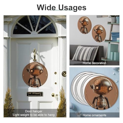 Image of 11.8 X 11.8 Inches Circular Iron Hanging Picture Little Brown Robot Printed Modern Iron Plate Hanging Painting Round Art Hanging Picture for Home Wall Decor