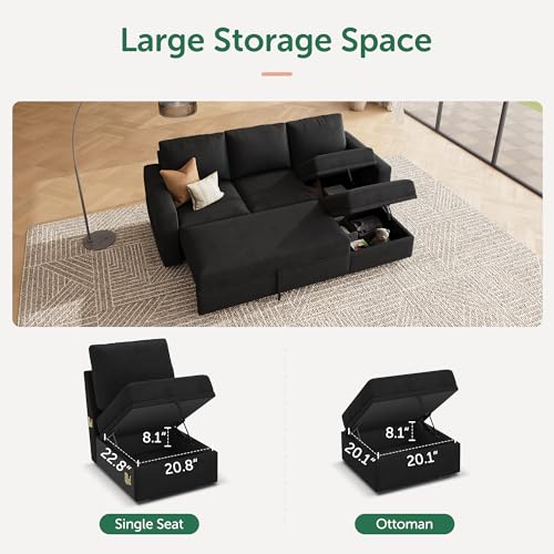 Image of HONBAY Modular Sectional Sleeper Sofa with Pull Out Bed, L Shaped Couch with Storage Seat, Modular Sectional Couches for Living Room - Black