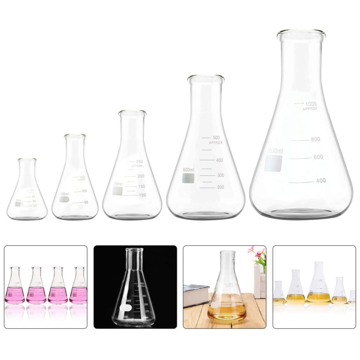 Beuta Conica Erlenmeyer 5 Pezzi in Vetro, Fondo Piatto | 5 Capacità Disponibili 50ml, 150ml, 250ml, 500ml, 1000ml, Collo Largo e Graduazioni Standard