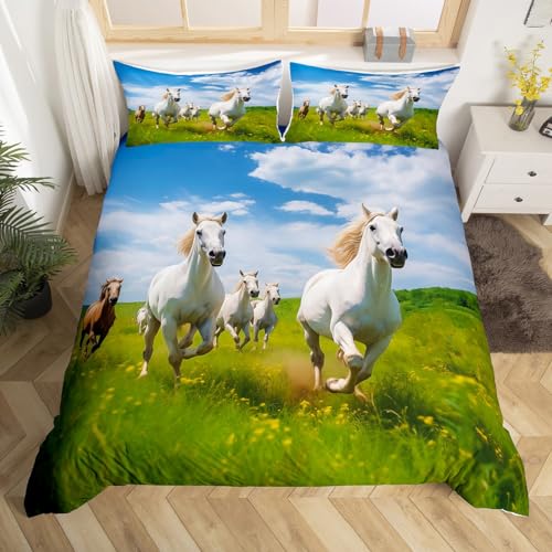 Homewish Parure de Lit Chevaux 140x200 avec 1 Taie d'oreiller, Housse de Couette Chevaux Galopant...