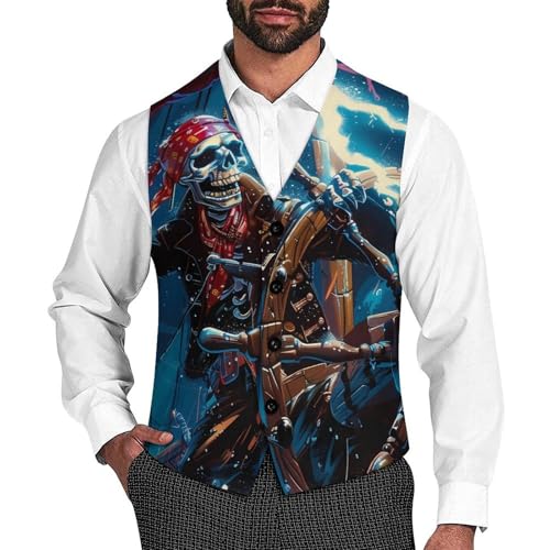 Skeleton Pirate Ocean Storm Novelty Men's Suit Vest Funny Formal Dress Vests Business Waistcoat