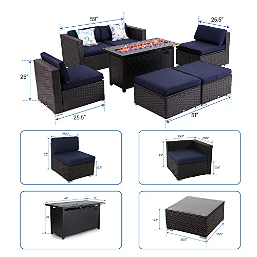 Mfstudio Patio Furniture Set,7-Piece Rattan Wicker Conversation Set,Outdoor Sectional Sofa Set With 45 Inch Rectangle Gas Fire Pit Table,50,000 Btu,Csa Approved(Navy Blue Cushions) #TOP6