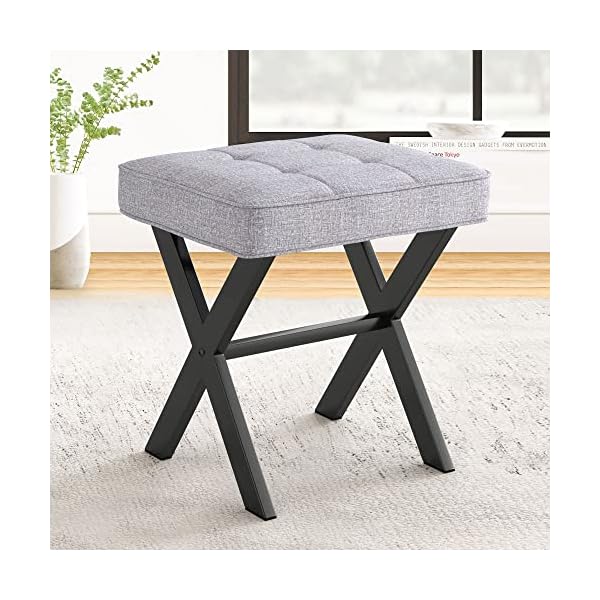 LUE BONA Vanity Stool, Square Linen Makeup Stool with Metal X Legs, Small Ottoman Stool Chair for Vanity, Modern Padded Vanity Seat Foot Rest Stool for Makeup Room, Living Room, Bathroom, Dark Gray
