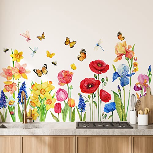 Yovkky Garden Flowers Wall Decals Stickers, Spring Summer Floral Daffodil Iris Home Bedroom Decor, Butterfly Dragonfly Living Room Kitchen Decorations Art #TOP4