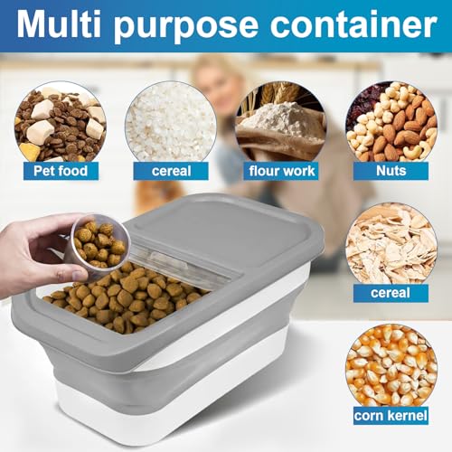 Dulynva Hundefutter Aufbewahrung, Faltbarer Futtertonne Hund 5kg, Dog Food Container mit Löffel Messbecher Tierfutterbehälter für Hundefutter und Katzenfutter (Grau)