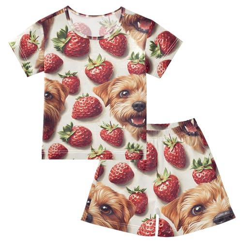 ALAZA Strawberry Puppy Dog Pajamas Set Short Sleeve Cotton Sleepwear Summer Pjs 2 Piece 5-14Y