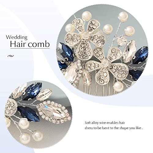 Catery Flower Bride Wedding Hair Comb Blue Crystal Side Combs Pearl Rhinestone Bridal Hair Piece Headpiece Wedding Hair Accessories For Women And Girls  #TOP6