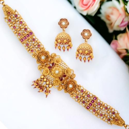 Image of Kollam Supreme Gold plated Brass Antique Matte Floral Ruby Choker Set for Women.