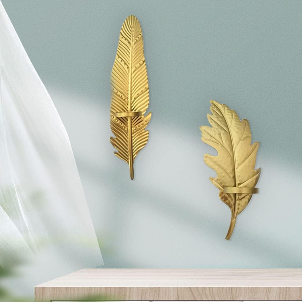 Peiiwdc Decorative Gold Candlestick Wall-Mounted Metal Leaf Candlestick for Creative Wall Decoration Hanging Sconce for Home Dec Northern Europe Hanging Wall Sconce Metal Leaf Candlestick Living Room
