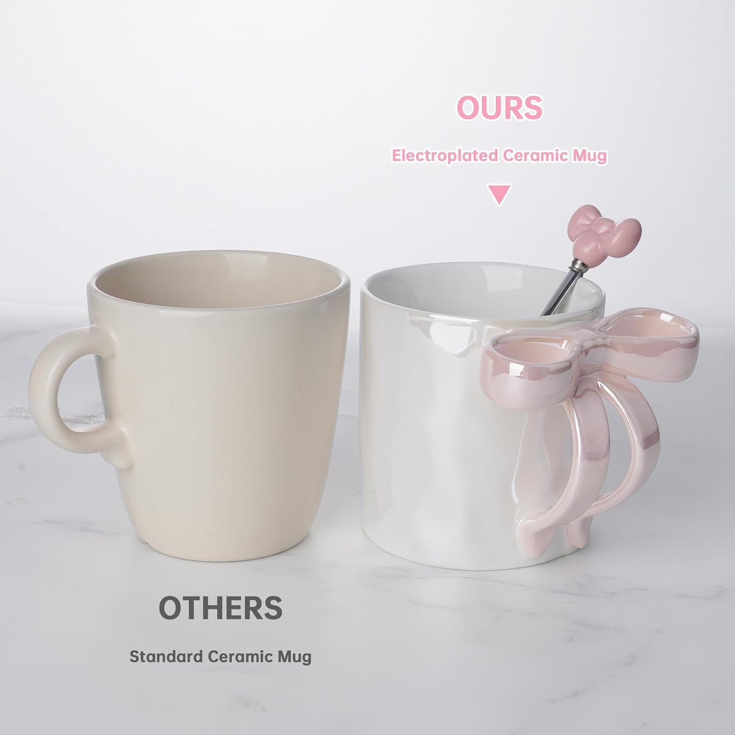NiHome 12OZ Bow Handle Ceramic Coffee Mug for Home, Office, Travel, Electroplated Finish with Shimmering Starry Glow, High-Temperature Fired for Durability(Pink)