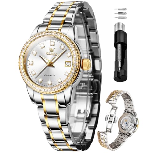 OLEVS Gold und Silber Diamant Frauen Uhr Automatische Mechanische Luxus Kleid Klassische Edelstahl Armband Damen Uhr