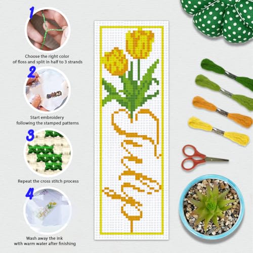 Image of BEUNITONE 6 PCS Cross Stitch Bookmark Kit for Adults Beginners,Text and Flowers Pre-Printed Cross Stitch,DIY Stamped Embroidery Bookmark Kits,with Instructions,Craft Kit for Book Lovers 8.5''x3''