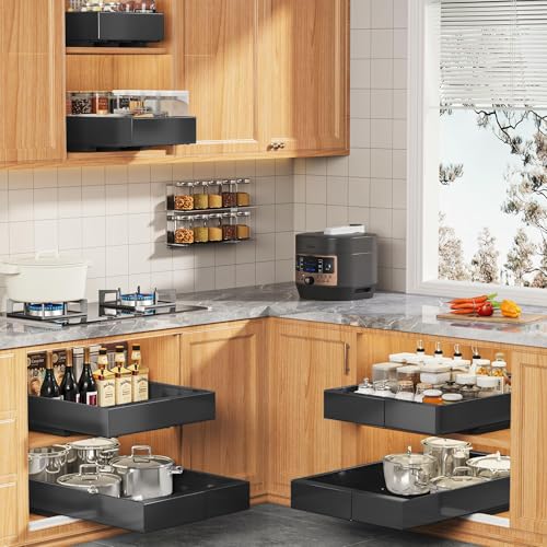 4 Pack Expandable Width (9"-14.1") Pull Out Cabinet Organizer 21" Deep with Raising Pad for Framed Cabinets, Upgrade 3 Slide Rails Slide Out Drawers, Roll Out Shelves Adhesive, Black