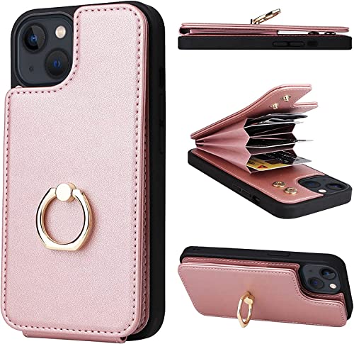 Étui pour iPhone 14 Pro antichoc protégeant l'écran avec portefeuille rose doré intégré