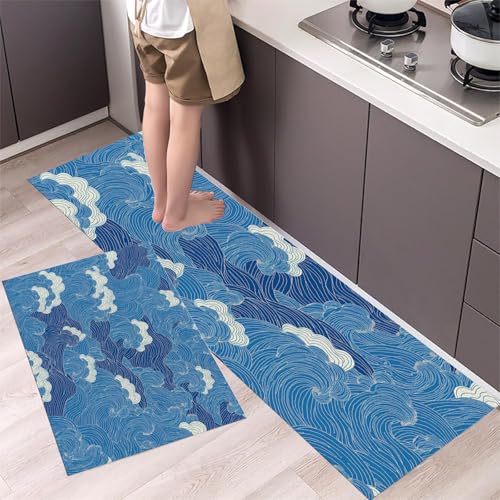 Alfombras para pasillo antideslizantes y lavables con patrón de ondas azules 4