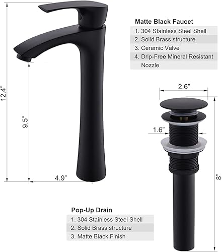 Miniatura 6 de VASOYO - Fregadero redondo negro con grifo y drenaje, combo de fregadero redondo de baño de 13 x 13 pulgadas, fregadero de cerámica de porcelana,