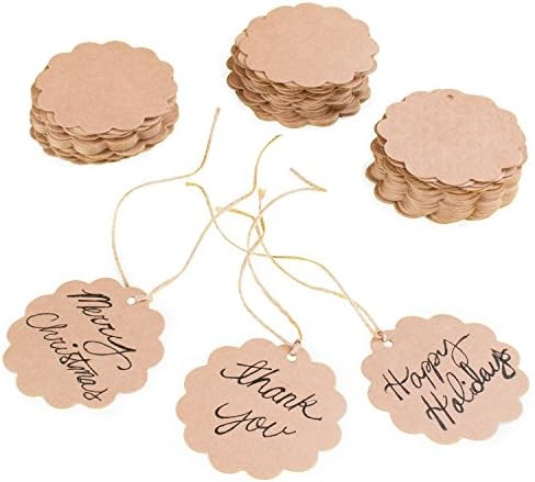 Brown Craft Scalloped Paper Label Tags with Jute Twines String for Birthday Party, Wedding Decoration Gifts, Organizing, Arts & Crafts (100 Pack)