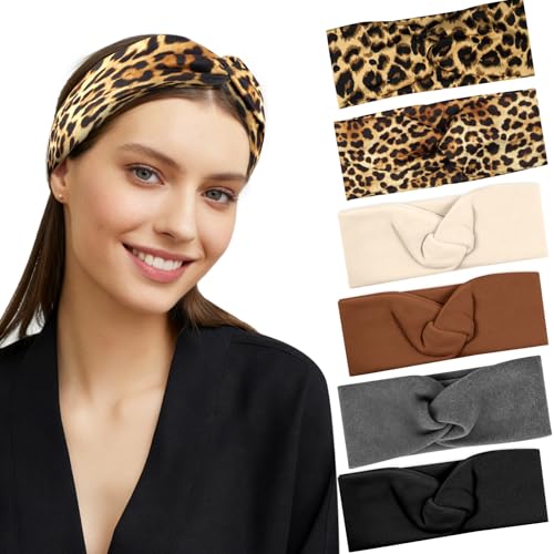 ALIIP Womens Headbands 6-Pack, Leopard Print & Solid Color Wide Hair Bands, Soft Elastic Yoga & Daily Hair Accessories Set