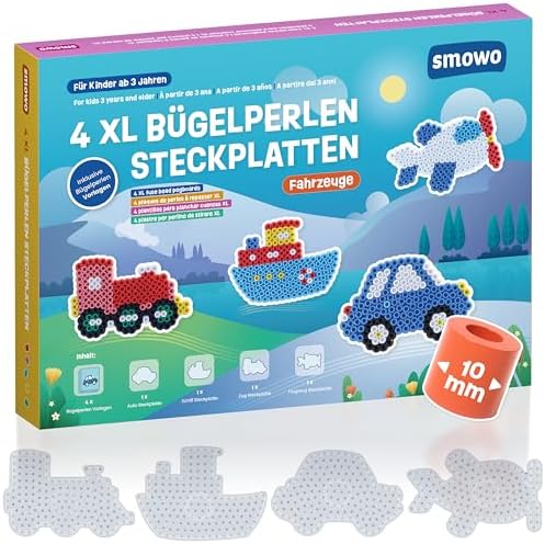 Smowo® 10mm Bügelperlen Steckplatten Fahrzeuge - Set mit 4 Platten und Vorlagen - Auto, Schiff, Zug, Flugzeug - Große Maxi Stiftplatten für Kinder ab 3 Jahren