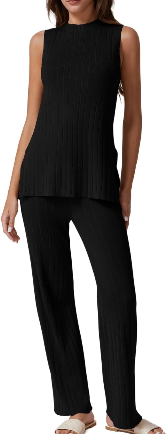 QINSEN Lounge Sets for Women Two Piece Outfits Knit Sleeveless Vented Hemline Tops Wide Leg Pants Sweater Sets