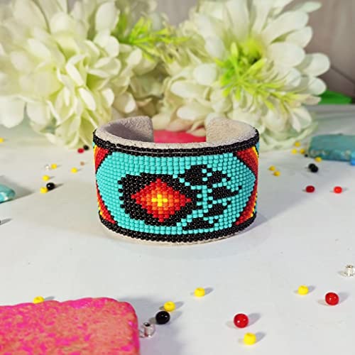 Native American Style Beaded Cuff Bracelet,Tribal Geometric Bracelet,Seed Bead Bracelet,Huichol Bracelet Handmade (Bearpaw, Cz Glass Seed Beads 11/0) #TOP2