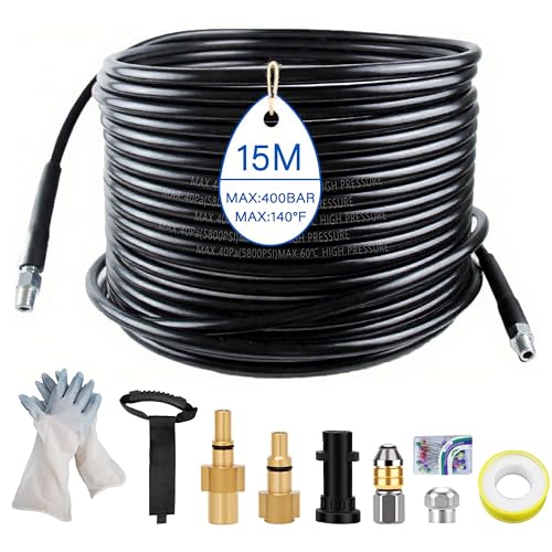 15M Kit de Manguera para Limpiar Tuberías,Desatascador Karcher compatible con Karcher K2-K7, Lavor, Bosch, 400 Bar/5800 PSI,Kit de Limpieza de Manguera de Drenaje con 2 Boquillas y 3 Adaptadores