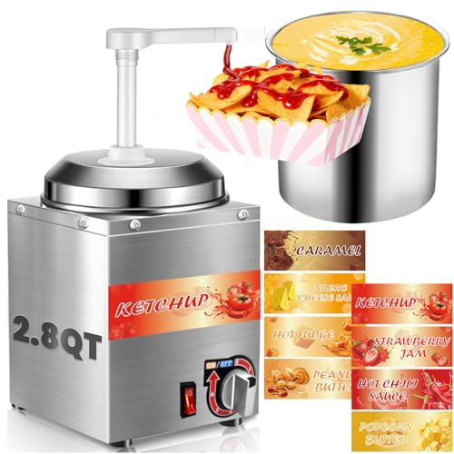 Nacho Cheese Dispenser 2.8Qt Nacho Cheese Warmer Commercial Hot Fudge Dispenser for for Cheese Caramel, with 2 Pumps and 8 Stickers