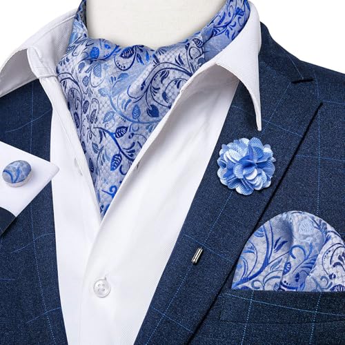 Image of DiBanGu Mens Silk Ascot Ties Paisley Jacquard Woven Cravat and Pocket Square Cufflinks with Lapel Pin for Business Wedding